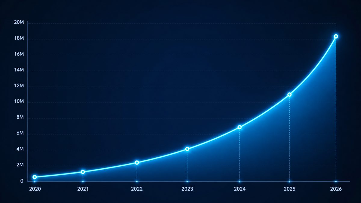 jmcomic.com用户增长数据图表,展示2020-2026年注册用户从50万增长至1800万的趋势